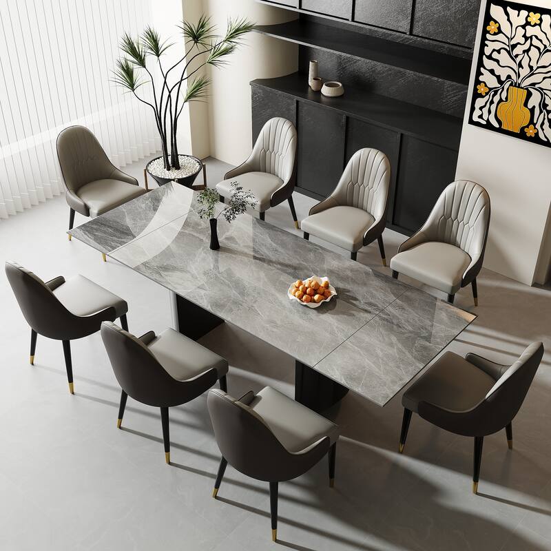 9 - Piece 94.48'' Extendable Sintered Stone Dining Table with 8 Chairs Dining Set - ltalian gray& Black table leg