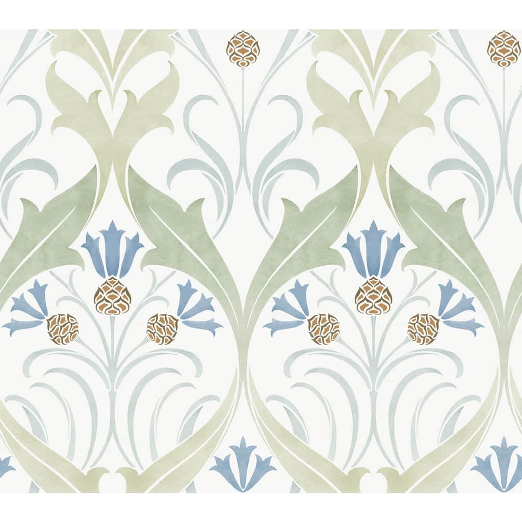 Ronald Redding Pine Cone Ribbon Green & Blue Metallic Wallpaper