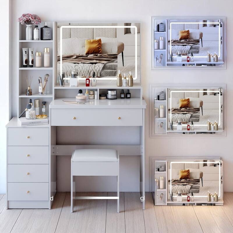Makeup Vanity Desk with Extra Large Lighted Mirror, Left Drawer Cabinet, Adjustable LED Lighting, and Stool for Bedroom