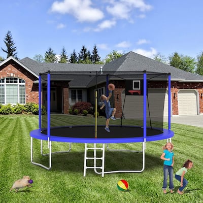 14FT Outdoor Trampoline with Safety Net and Ladder, Heavy Duty Fitness Trampoline for Kids and Adults - Green - 14FT