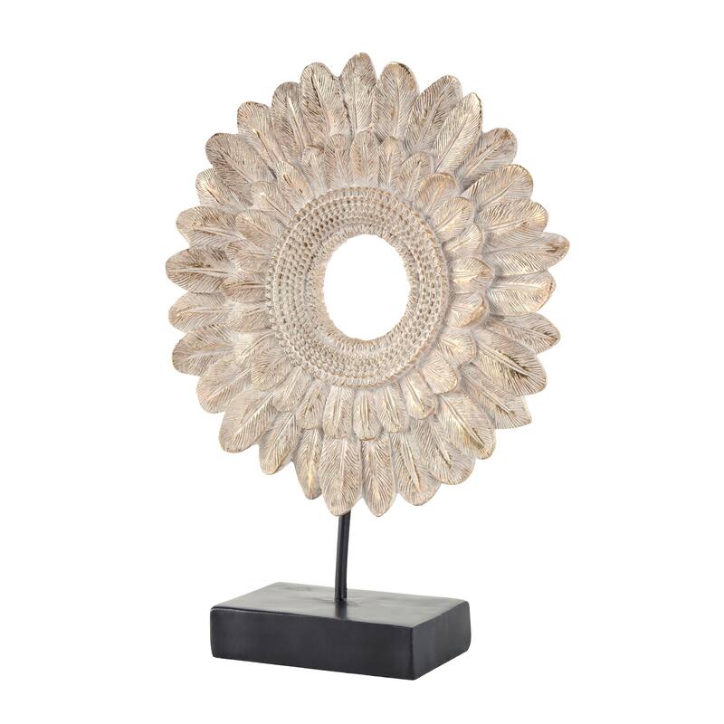 Resin Bird Feather Ring Sculpture with Black Stand - Cream - Roche River Decor - 4"W x 12"L x 17"H