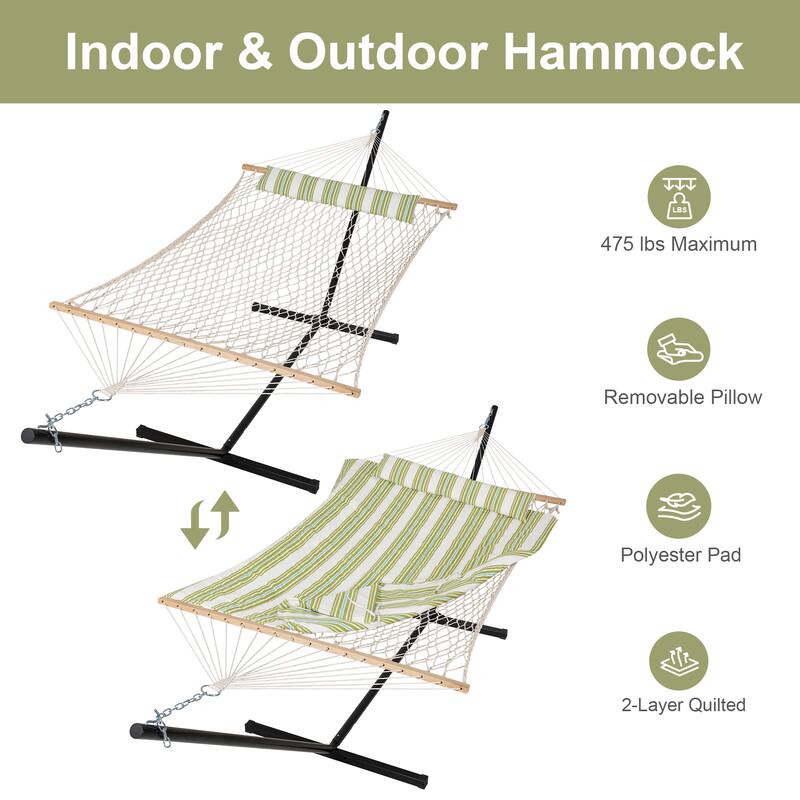 Double Hammock with Stand, Two Person Cotton Rope Hammock