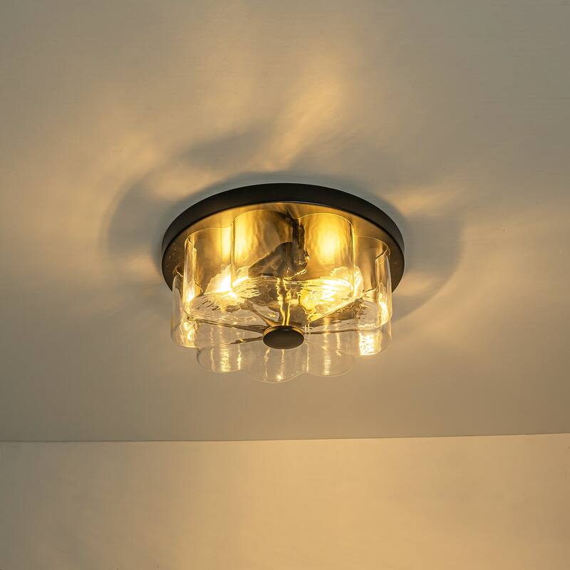2-light Modern Farmhouse Matte Black Flush Mount Ceiling Light with Clear Flower-Shaped Glass Shade