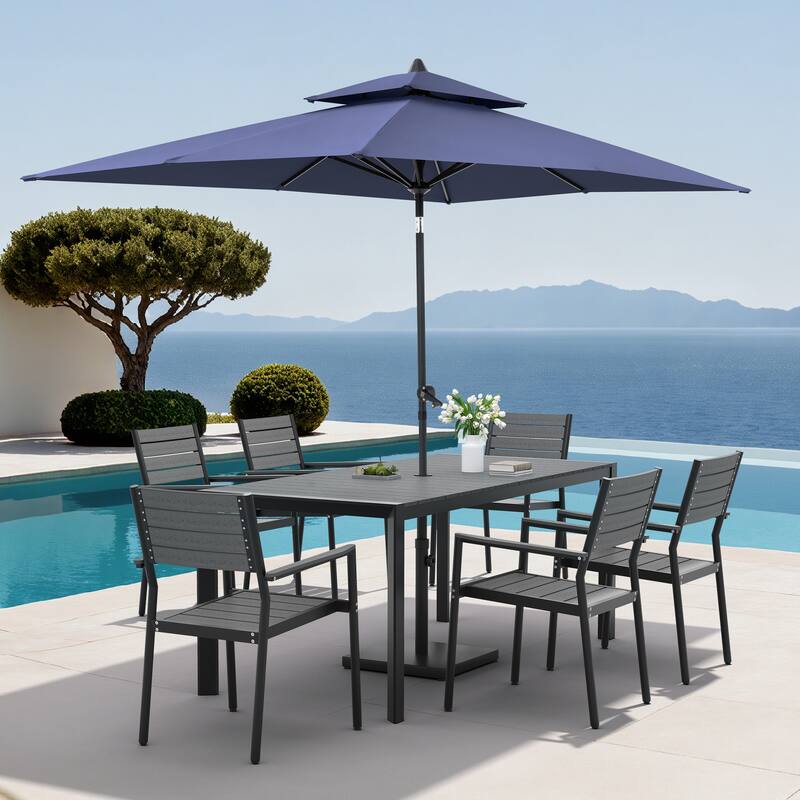 9-Piece Outdoor Patio Dining Set Wood Like Aluminum Umbrella Hole Table with Stackable Armchairs, Market Umbrella and Base - GreyTable&GreyChairs&NavyBlueUmbrella