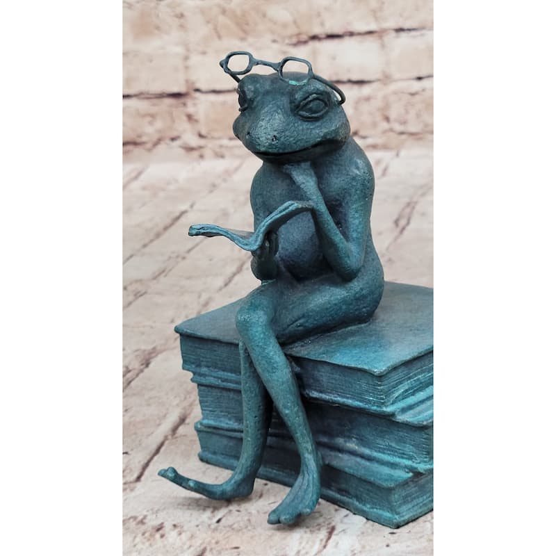 Frog Reading A Book Bronze Metal Sculpture Statue Decor Signed Art
