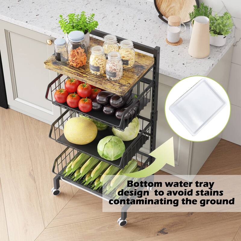 Fruit Basket 4-Tier Adjustable Fruit Vegetable Basket Cart Metal Wire Storage Cart Rolling Pantry Utility Kitchen Cart