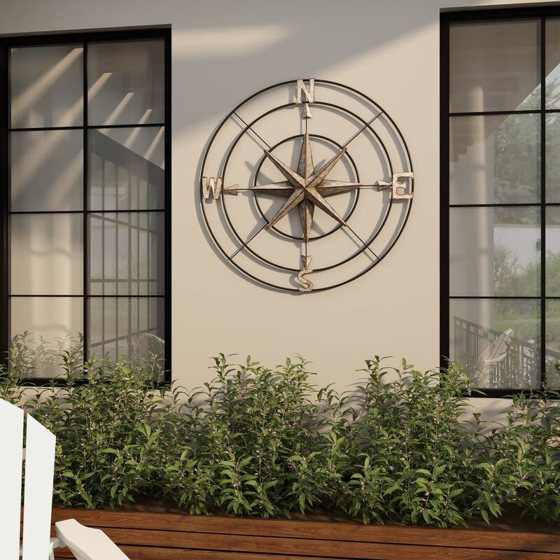 Gray Metal Indoor Outdoor Compass Home Wall Decor with Distressed Copper Like Finish