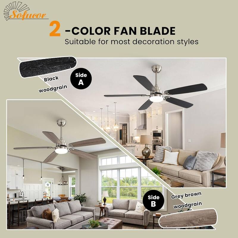 52 Inch Flush Mount & Downrod Ceiling Fan With Light and Remote Modern Ceiling Fan Bedroom - N/A