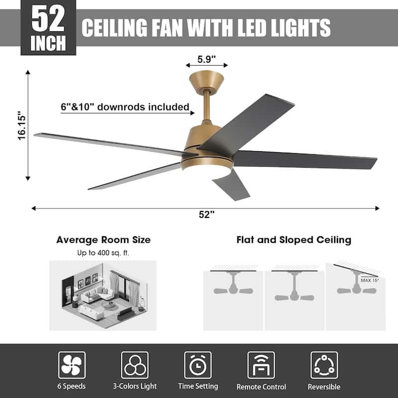 Vaczon 52" Gold Reversible Modern Smart LED Ceiling Fan with Light and App Comtrol