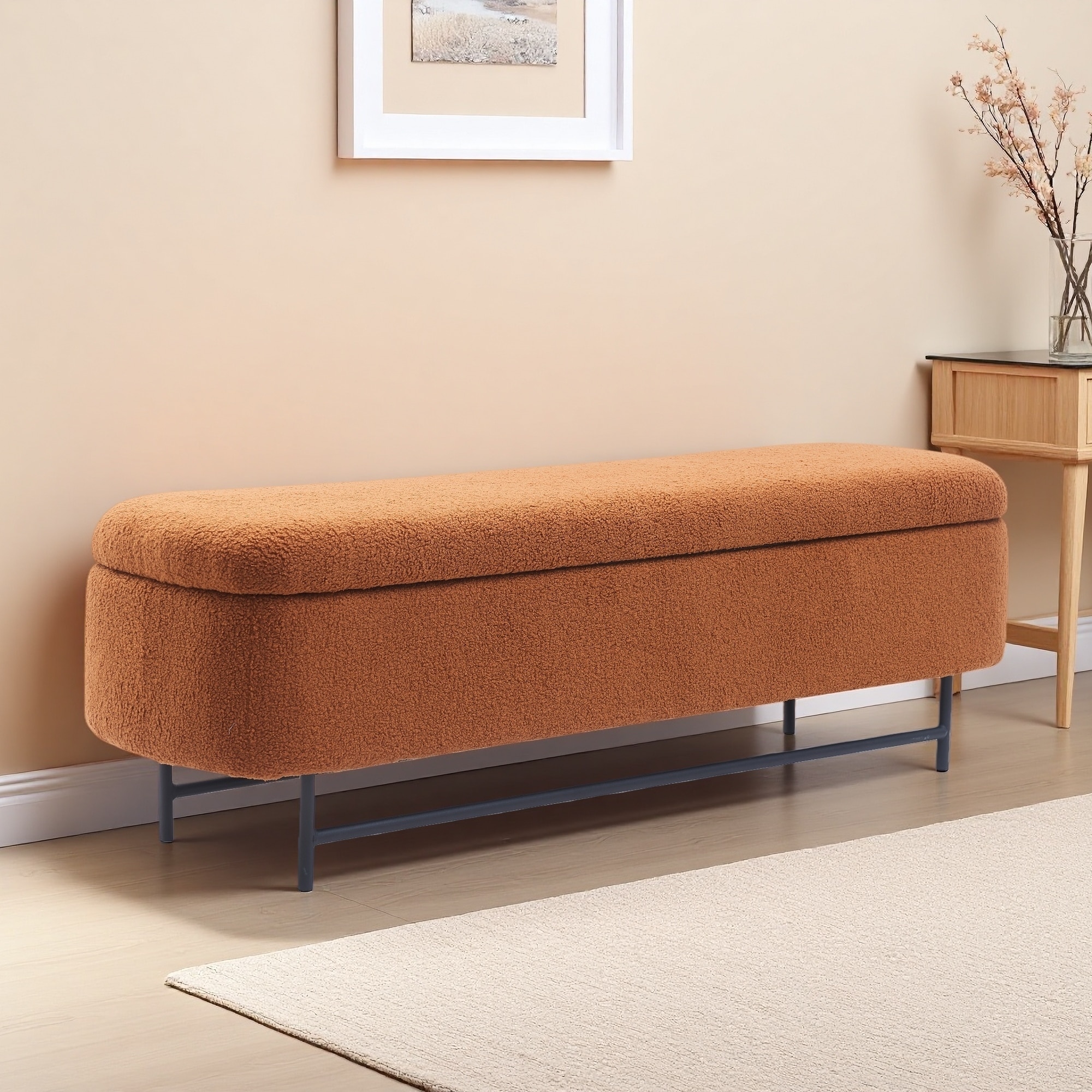 56"L Indoor Bench with Large Storage, Metal Legs, Soft Fabric Seat, Safety Lift-Top, for Living Room Bedroom Entryway End of Bed