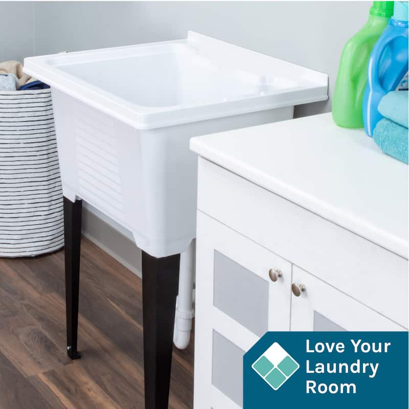 TEHILA Glossy White Utility Sink Laundry Tub with Drainage Kit Bed