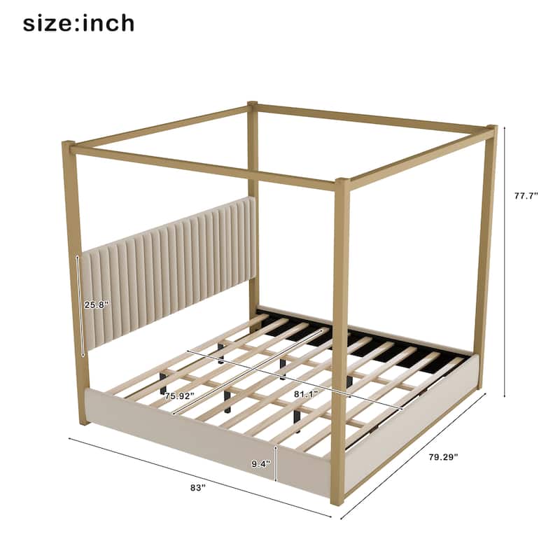 King Size Upholstered Canopy Platform Bed - Headboard with Metal Frame Support