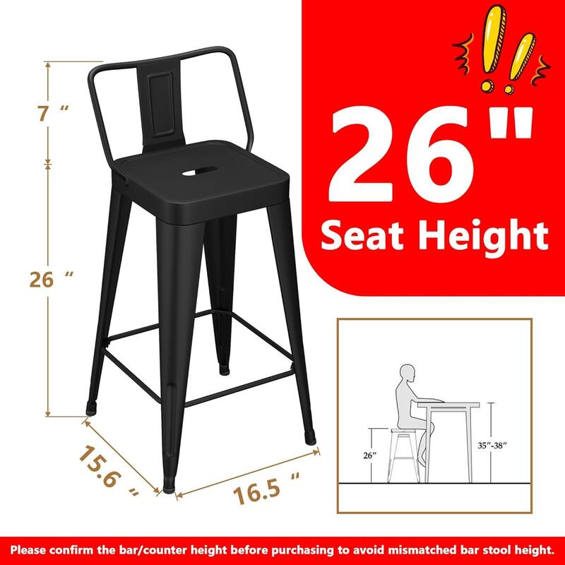 Metal Counter & Bar Stools Set of 4, 26" and 30" Seat Height Barstools with Metal Frame and Low Back for Kitchen lsland