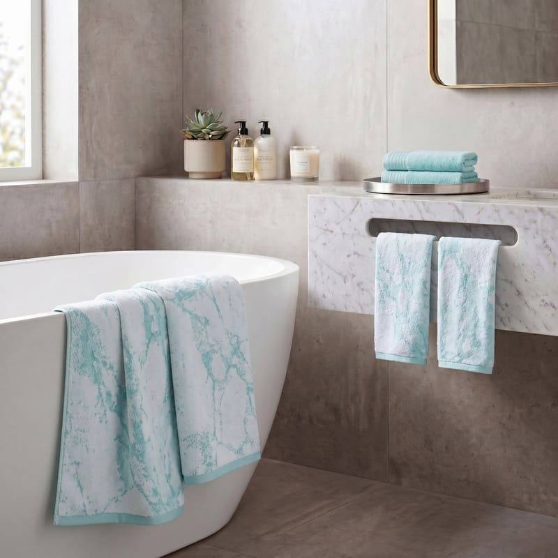 Superior 6-Piece Cotton Towel Set - Marble & Solid Jacquard - Quick-Dry Hotel Quality Bathroom Towels