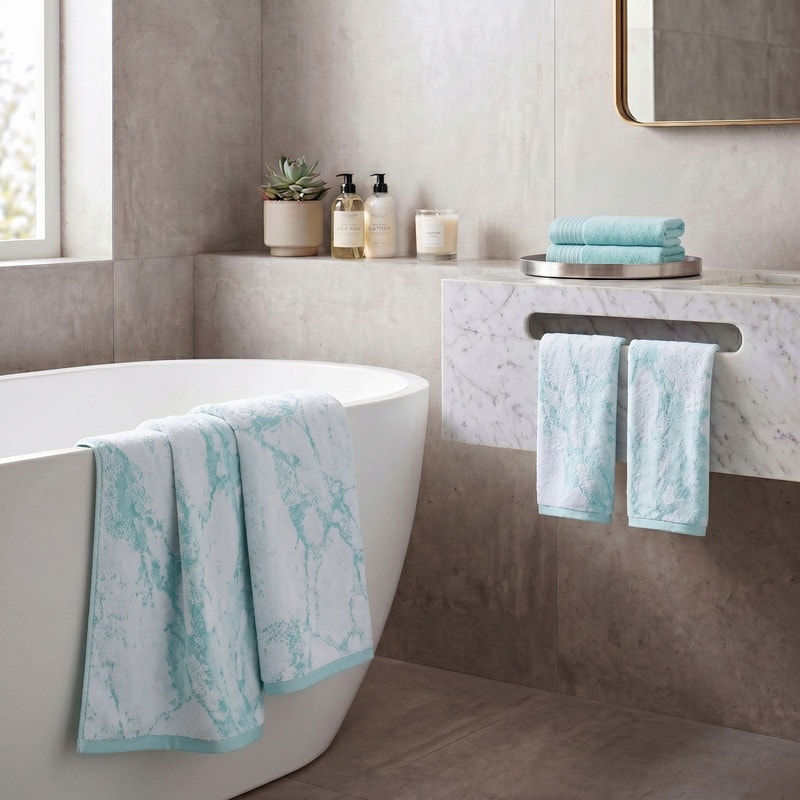 Superior 6-Piece Cotton Towel Set - Marble & Solid Jacquard - Quick-Dry Hotel Quality Bathroom Towels