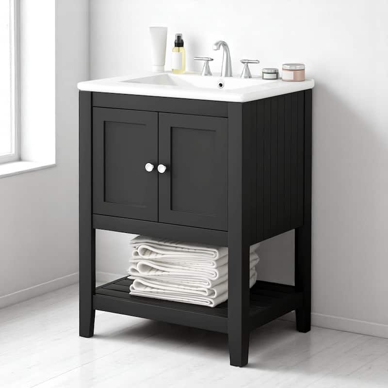 24" Bathroom Vanity with Ceramic Sink, Solid Wood Frame & Open Shelf, Freestanding Modern Cabinet - Black