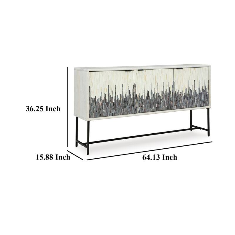 Sideboard Cabinet Console, Strip Pattern Wood, Black White 64 Inch
