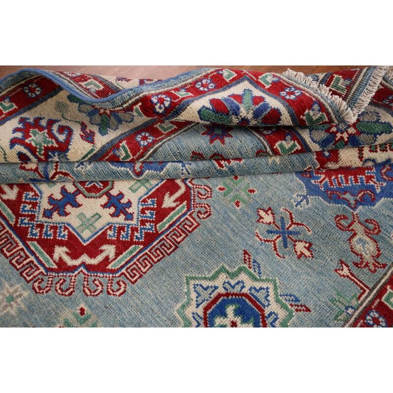 Blue Geometric Kazak Oriental Area Rug Hand-Knotted Wool Carpet - 5'0" x 6'6"