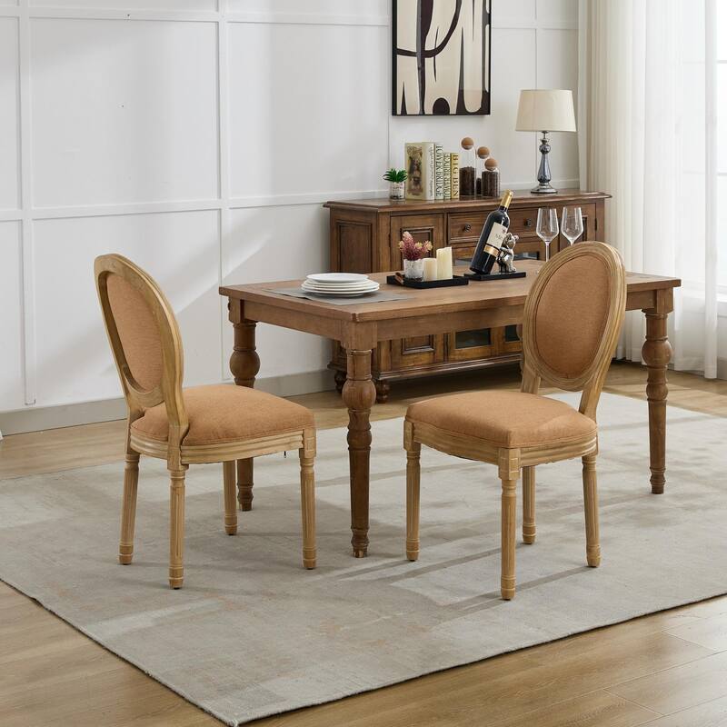 Kitchen Linen Dining Chair Set of 2, Wooden Frame Chair w/ Oval Backrest