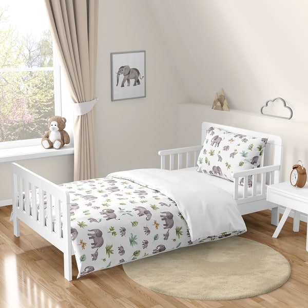 slide 2 of 6, Sweet Jojo Designs Watercolor Elephants Boy Girl Gender Neutral 5p Toddler-size Comforter Set Green Grey Jungle Safari Palm Tree