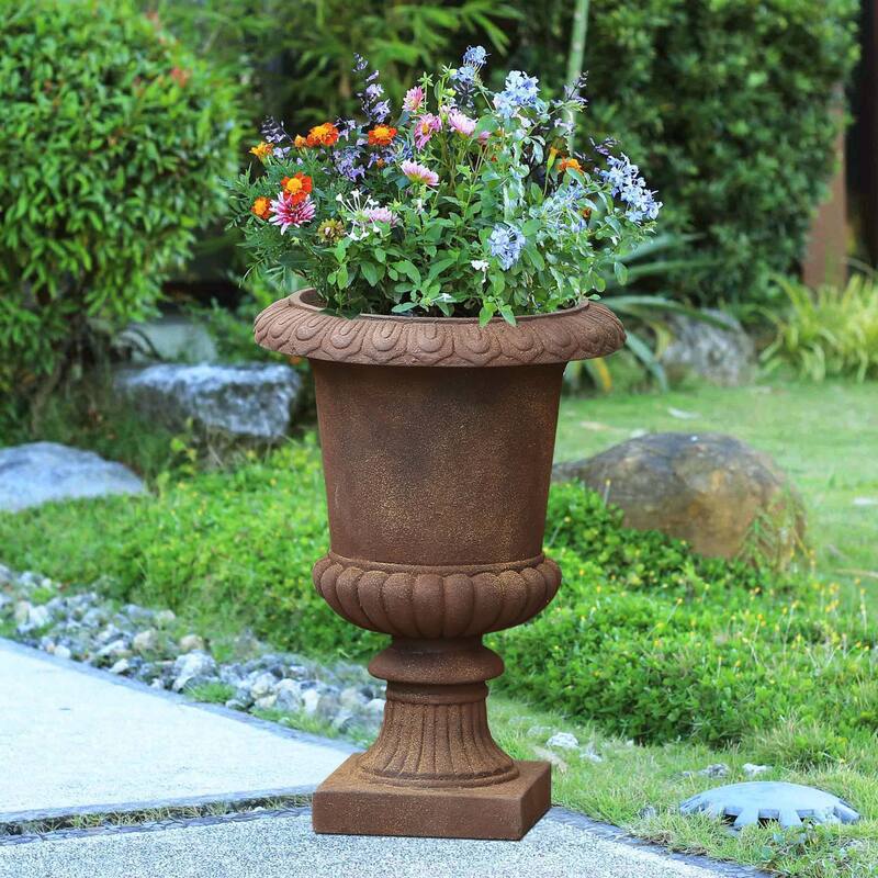 21.3" H Handmade Rustic Brown Fiber Stone Tall Urn Planter Pots - 21.3" H