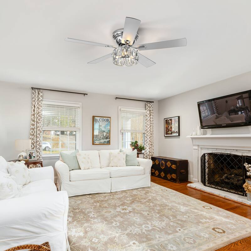 52" 5-Blade Flush Mount Ceiling Fan with Crystal Light Remote Control - 52 Inch
