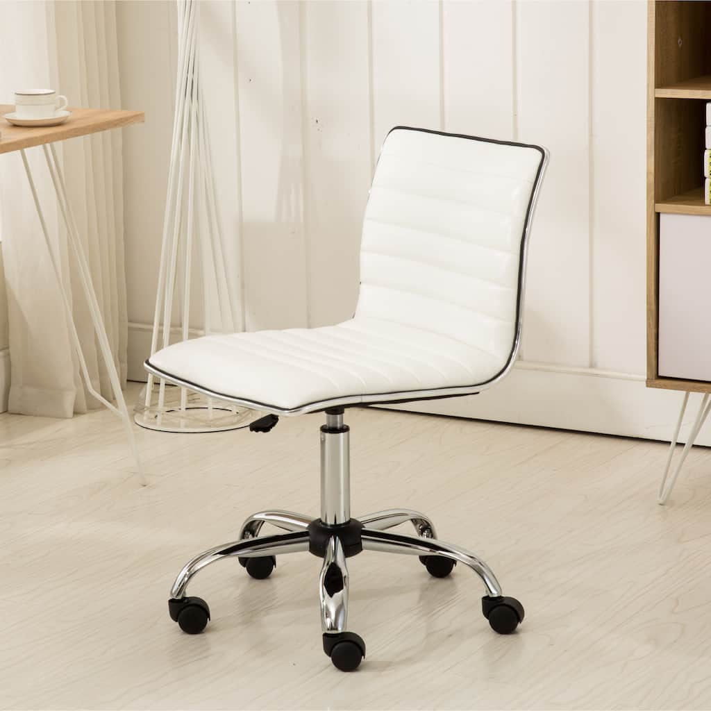 Adjustable Height Leather Visitor Chair Makeup Chair, White Vintage Computer Chair Reading Chair with Wheels