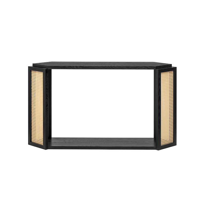 Narrow Console Table with Hexagon Top Design and Rattan Accent, 53.54" Solid Wood Entryway Sofa Table with Open Bottom Shelf - Black