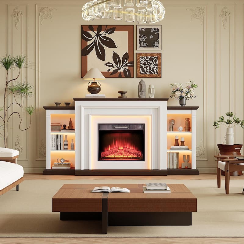 72 inch LED Electric Fireplace with Mantel Fireplace TV Stand Entertainment Center