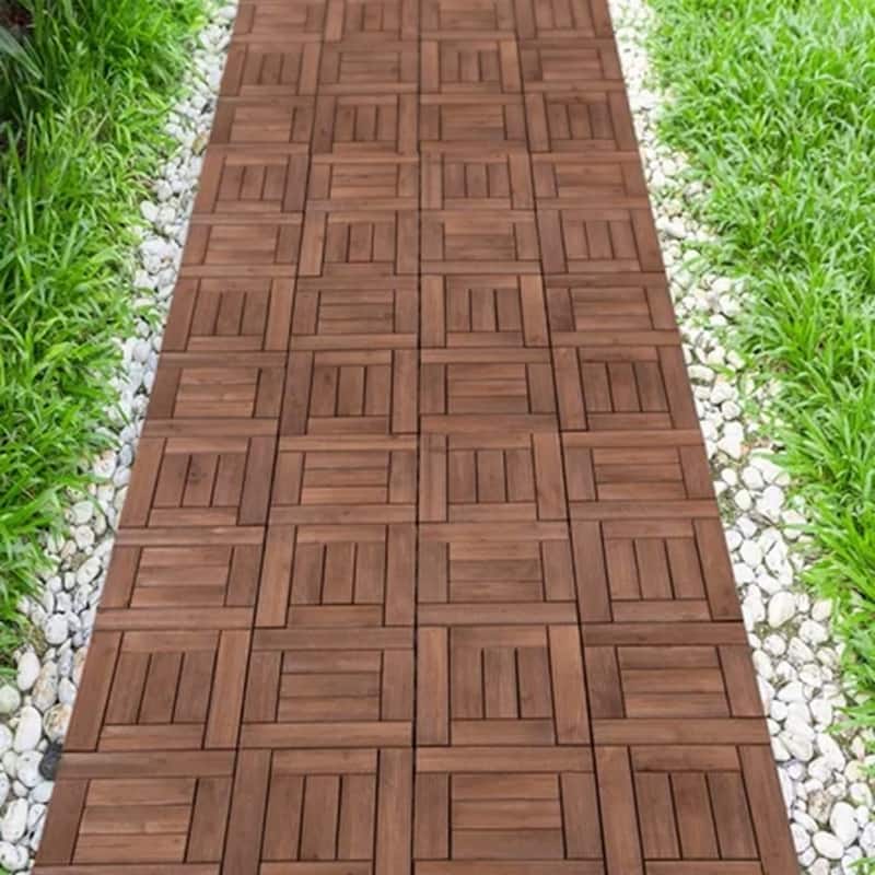 Anmytek Acacia Wood Interlocking Deck Tiles 12x12 Outdoor Flooring Patio Balcony Dark Brown Weather Resistant