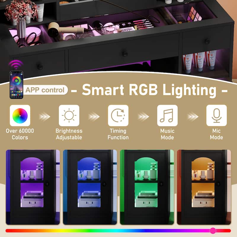 43" Glass Top Vanity Desk with LED Mirror & Stool, Modern Makeup Table with RGB Light Cabinets & 3 Drawers