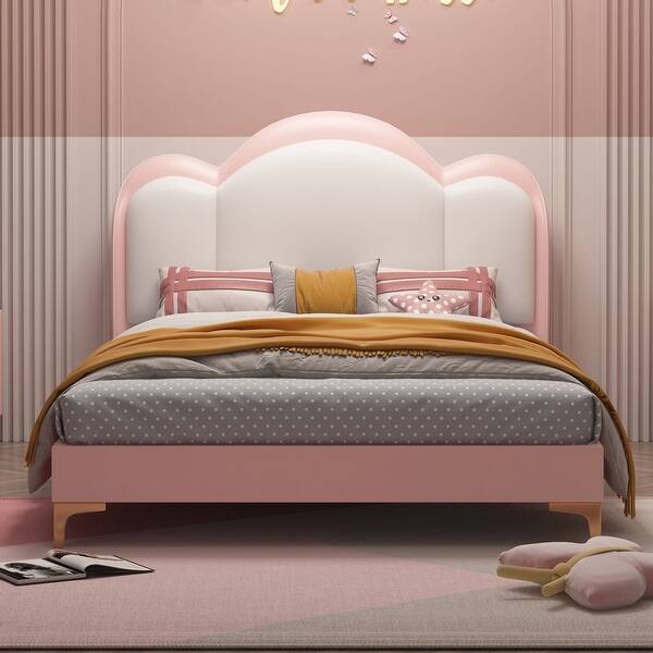 slide 2 of 13, PU Leather Upholstered Platform Bed Frame for Kids Teens, Wooden Slats Support Queen
