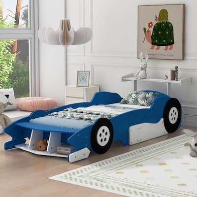 Blue Twin Size Cool Pine Wood Race Car Platform Bed with Rear Wing and Front Spoiler, Safety Rails, Wheels, Easy Assembly