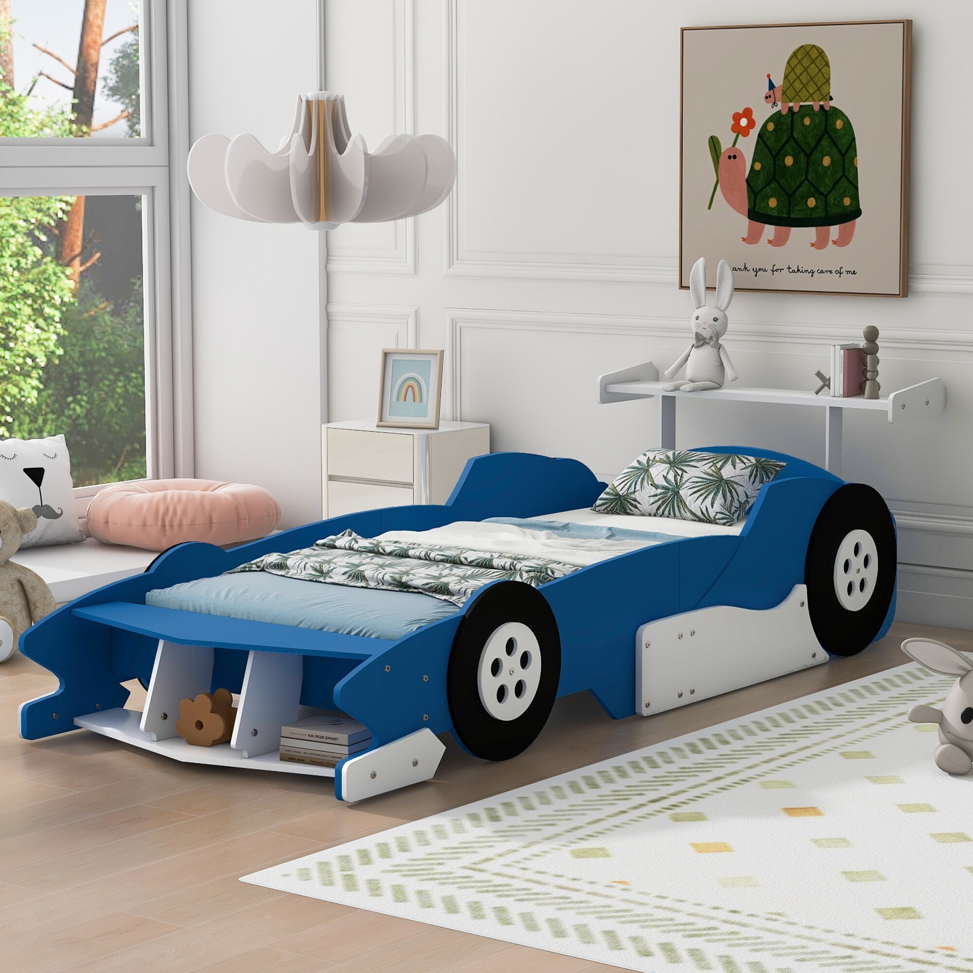 Blue Twin Size Playhouse Race Car Shaped Bed w Hidden Storage Footboard and Wheel Platform Storages Bed No Box Spring Needed