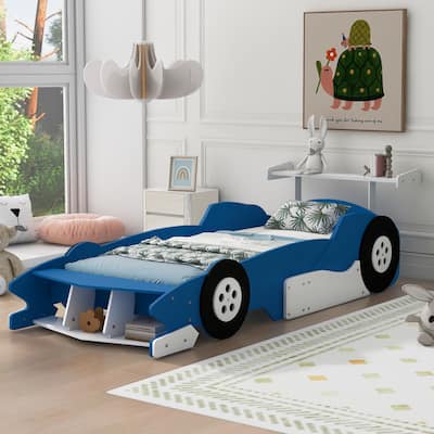 Race Carshaped Toddler Floor Bed Twin Size Grounded Bed with Front Storage Shelves, Wheels and Guardrail, Wooden Platform Bed