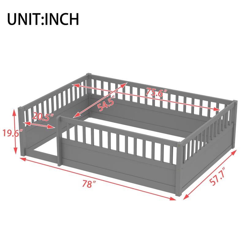 Solid Wood Floor Bed Frame without Slats, Montessori Kids Floor Beds with Full Length Fence, No Box Spring Needed