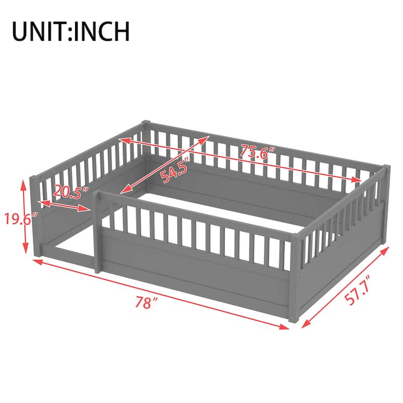 Twin/Full Montessori Floor Bed with High Fence & Open Door, Solid Pine, Playroom/Bedroom, No Box Spring