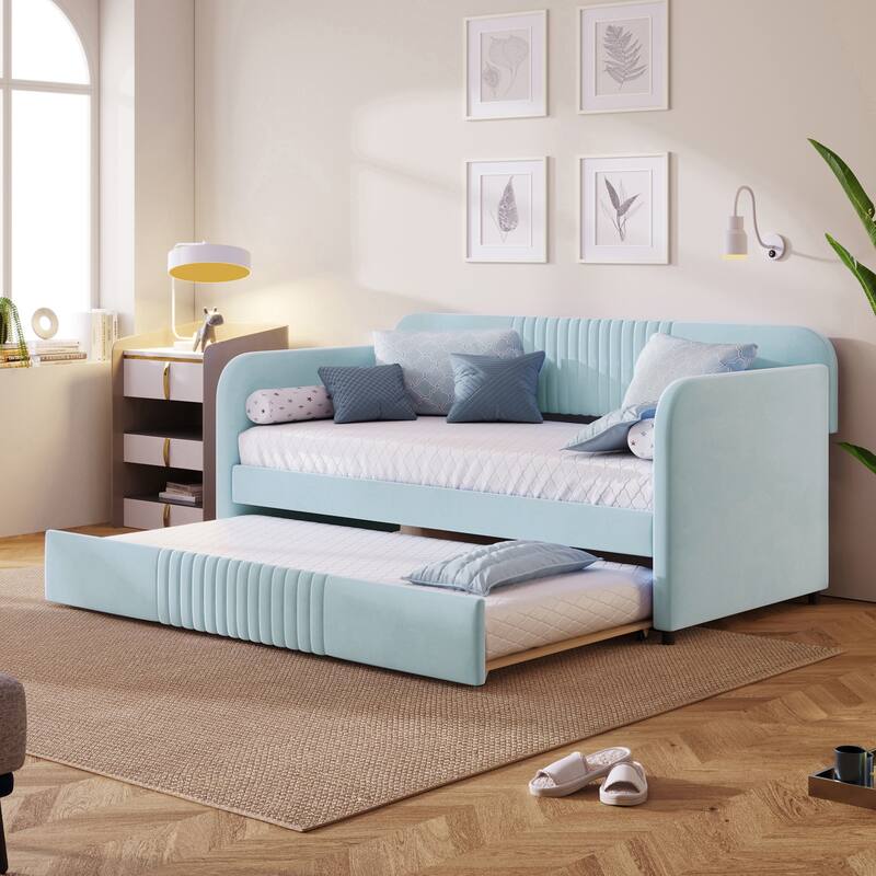 Velvet Upholstered Platform Bed Twin Size Daybed with Pull Out Trundle Bed and Wood Slat Support, No Box Spring Needed