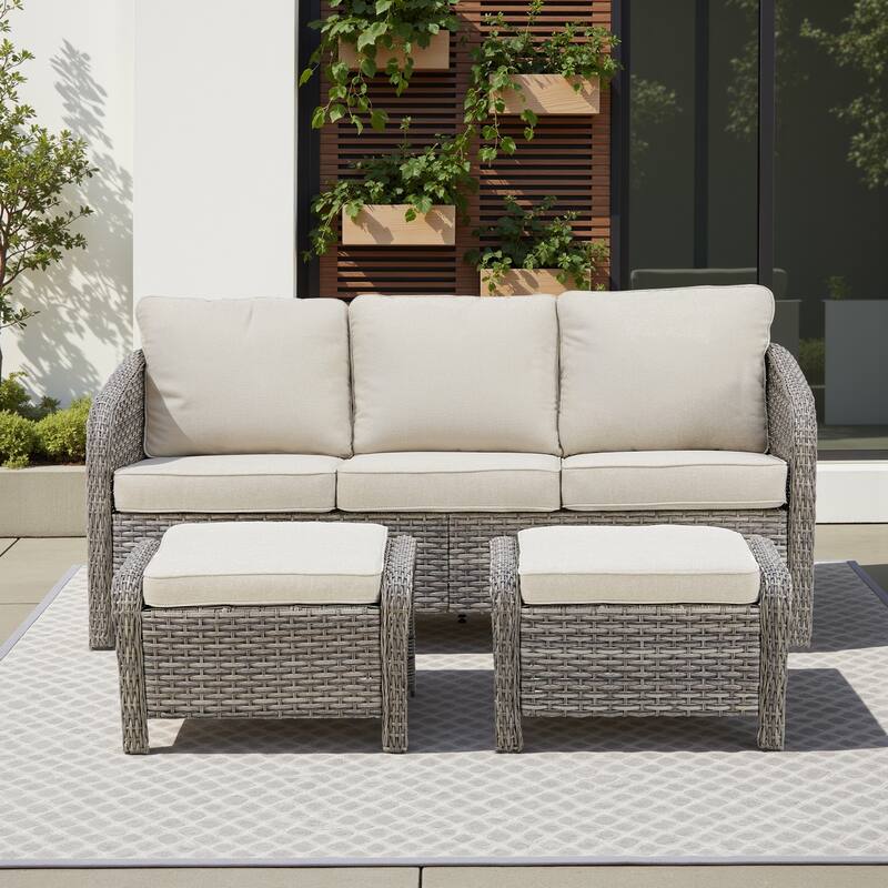 Pocassy Outdoor Patio Furniture Wicker Sofa Chair Set - Light Grey Wicker Beige Cushion - 3 Pieces Sofa with Ottoman