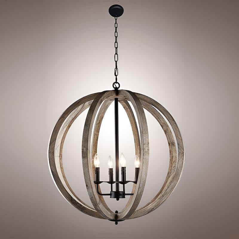 4 - Light Antique Black Natural Wood Orb Chandelier