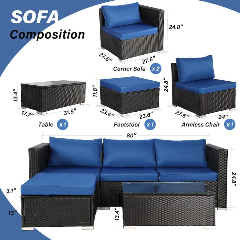 Vrakae 5 Piece Outdoor Patio Rattan Wicker Sectional Set