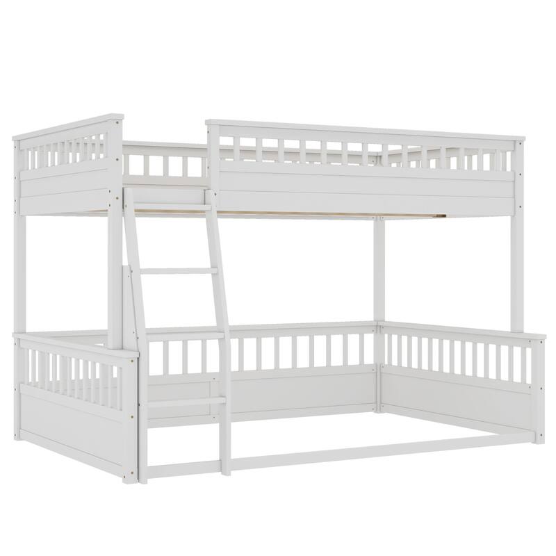 Full XL Size Loft Bed & 3 Sided Guardrails Queen Size Platform Bed, Full XL Over Queen Bunk Bed with Guardrails and Ladder