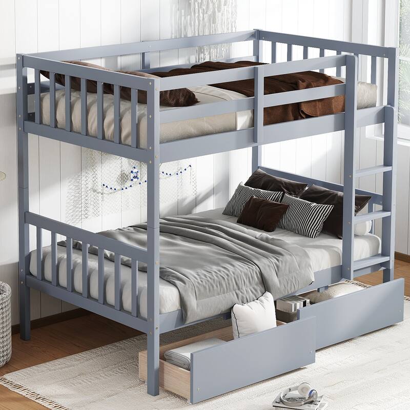 Convertible Twin Bunk Bed with 2 Drawers, Safety Guardrails, and Ladder, Grey