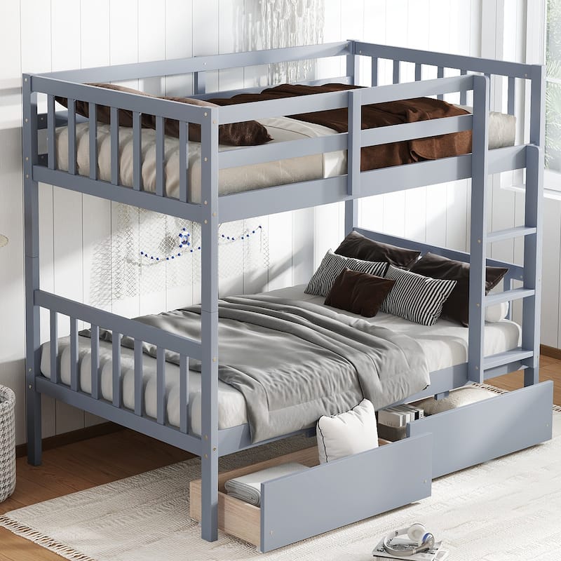 Twin Over Twin Rubber Wood Bunk Bed w/ 2 Drawers, Convertible into 2 Twin Beds w/ Ladder & Safety Guardrails, Grey