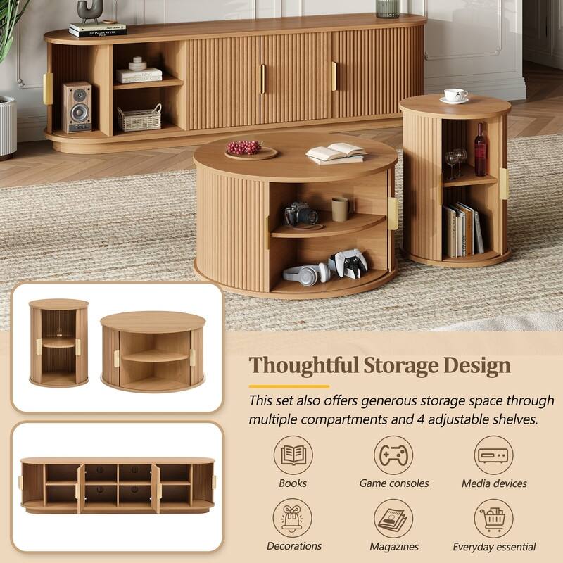 Mid Century Modern 74.8" TV Stand & Coffee Table Set for TVs up to 75", Wooden Media Console with Fluted Sliding Doors