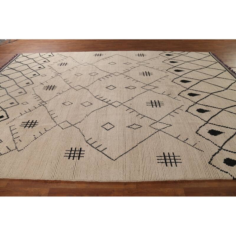 Moroccan Oriental Area Rug Hand-Knotted Beige Geometric Wool Carpet - 8'10"x 12'5"