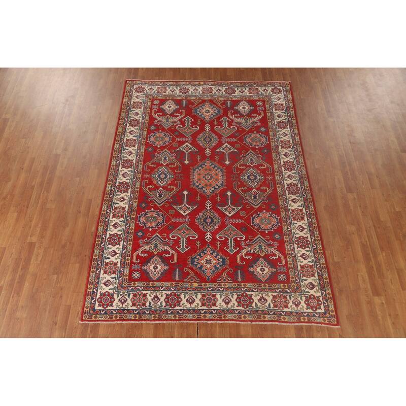 Geometric Red Kazak Rug Hand-Knotted Bedroom Wool Carpet - 6'6"x 9'2"