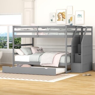 Gray Full-over-Full Pinewood Bunk Bed with Twin Trundle, 3 Storage Stairs, and Full-Length Guardrail