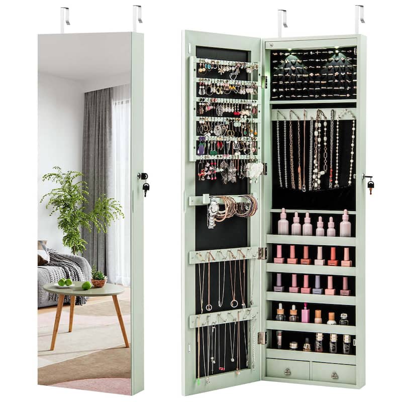 Costway Mirrored Wall & Door Mounted Jewelry Cabinet Storage Organizer - See Details - Green