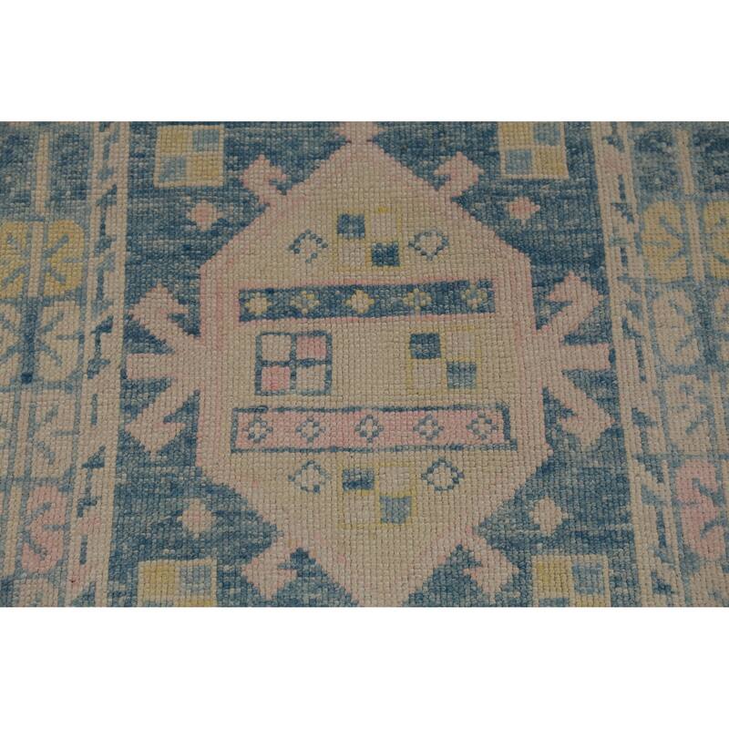 Hand Knotted Oriental 100% Wool Carpet Transitional Geometric Navy Blue & Blues Oushak Runner Rug - 17' 2'' X 3' 2''
